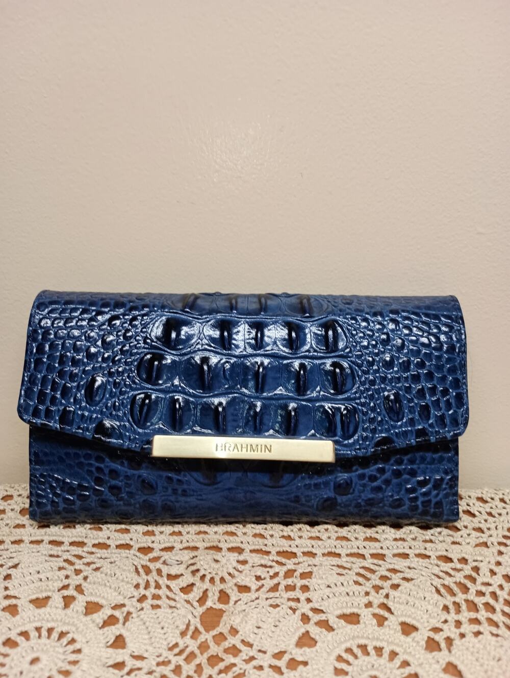 Brahmin ~ Crocodile Embossed Blue Leather Trifold Wallet